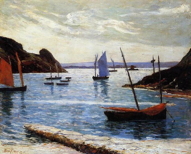"Isle of Brehat" showcases Maxime Maufra's adept use of light and shadow, capturing the serene beauty of sailing boats resting in the calm waters of Brittany. Maufra, known for his Impressionist style, often depicted coastal scenes with a vivid palette and an emphasis on natural atmosphere.