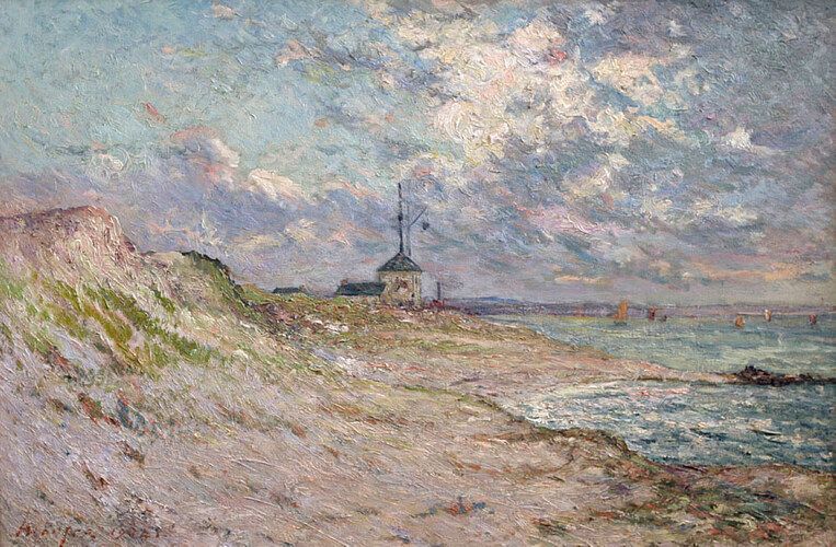 "Semaphore of the Beg-Meil, Brittany" by Maxime Maufra depicts a tranquil coastal scene with a semaphore, highlighted by Maufra's signature loose brushstrokes and vibrant impressionistic palette. The artwork captures the dynamic interplay between the serene shoreline and the expansive sky, conveying a sense of peaceful isolation characteristic of Brittany landscapes.