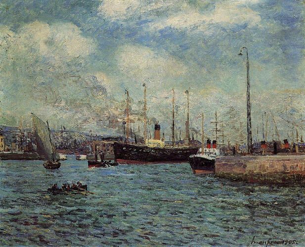 "The Port of Havre," painted by Maxime Maufra in 1905, captures the bustling activity of ships and boats against a dynamic sky filled with clouds. Maufra, a French artist known for his post-impressionist style, often depicted maritime scenes, emphasizing vibrant colors and natural light.
