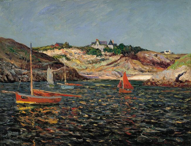 "The Heart of the Port of Goulphar, Belle-Ile en Mer" by Maxime Maufra vividly captures the dynamic interplay of light and color in a scenic harbor, typical of the Impressionist movement. Known for his ability to encapsulate the natural beauty of Brittany, Maufra's work here depicts a serene coastal landscape, the boats gently swaying under a sky that mirrors the vibrant tranquility of the water.