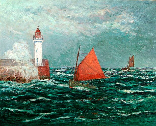 "Back to Fishing boats in Belle-Isle-en-Mer" captures the vibrant energy of the sea with its tumultuous waves and vivid red sails approaching the harbor beneath a dynamic sky. Maxime Maufra masterfully uses color and texture to convey the raw beauty of Belle-Île, highlighting his fascination with maritime landscapes.