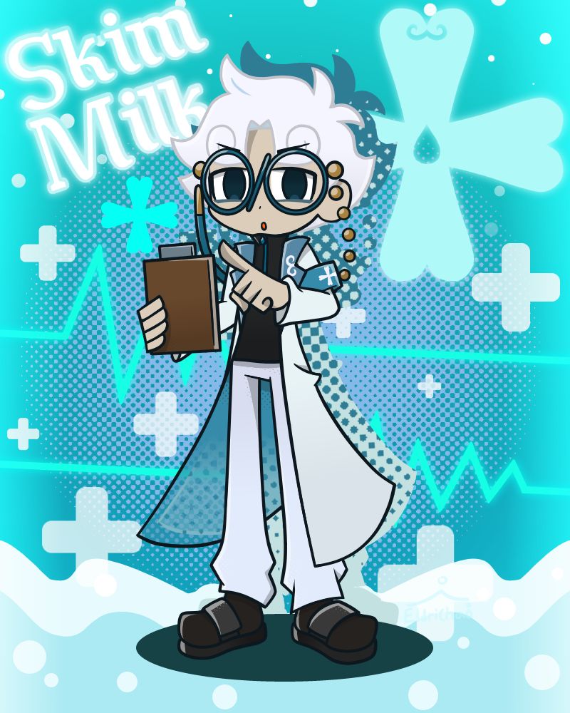 A Gijinka version of Skim Milk Cookie on a stylised background.