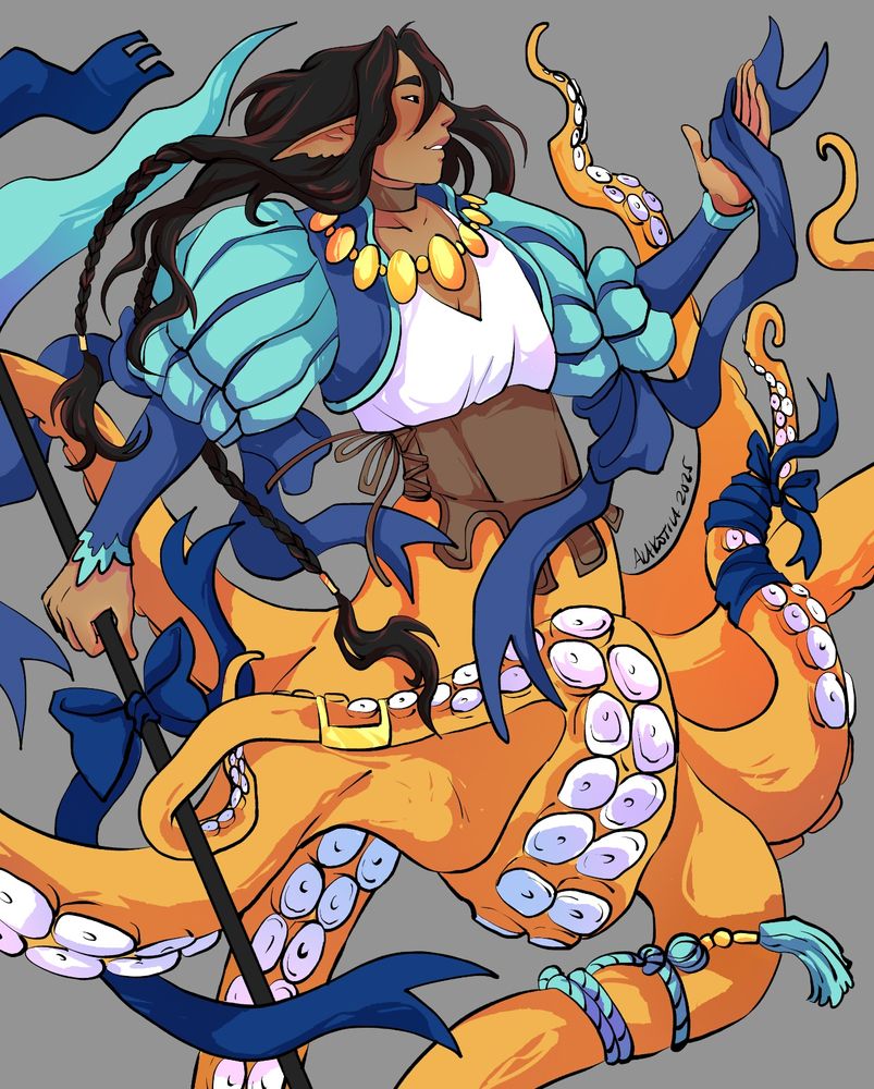 illustration of a brown-skinned merman with a yellow/gold octopus style lower half. He wears fancy layered fantasy clothes with many, many bows and ribbons tied onto his billowing sleeves, his flag staff, and limbs. He wears mostly blue and gold with a leather corset at his waist. His long dark hair is styled in messy braids.