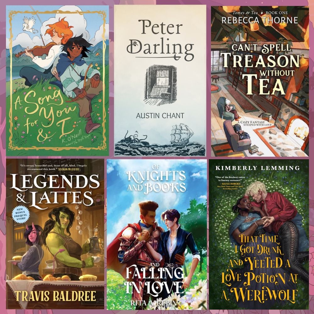 A graphic of six books. It shows the covers for "A Song for You & I", "Peter Darling", "Legends & Lattes", "Of Knights and Books and Falling in Love", and "That Time I Got Drunk and Yeeted a Love Potion at a Werewolf".