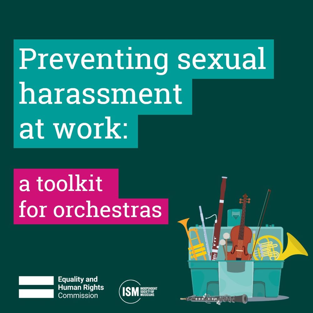 A graphic with icons of musical instruments in the bottom left, and the words 'Preventing sexual harassment at work; a toolkit for orchestras'