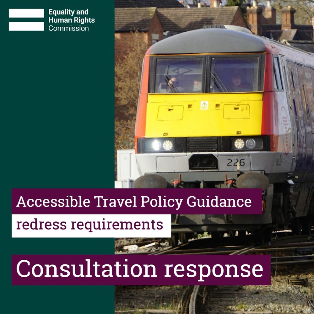 Graphic image with a background photo of a train, and the words ' Accessible Travel Policy Guidance redress requirements, Consultation response' 