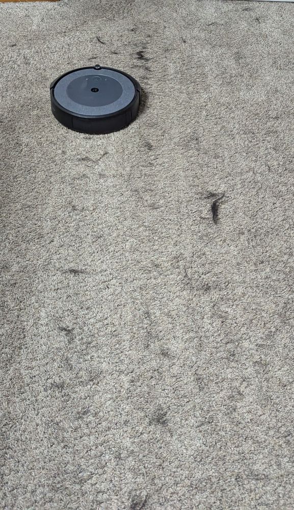 Picture of tan carpet, a Roomba i5, and piles of hair it didn't pick up.