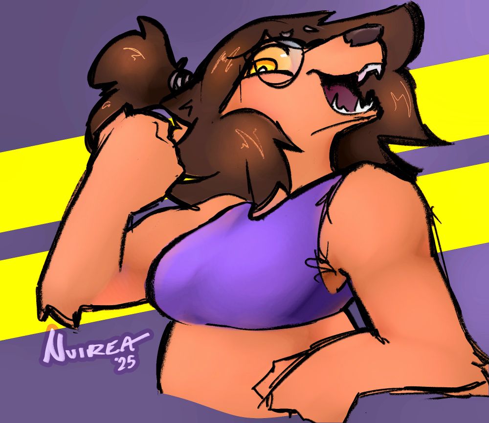 Illustration of a previous OC flexing her bicep to the viewer. She seems ecstatic.