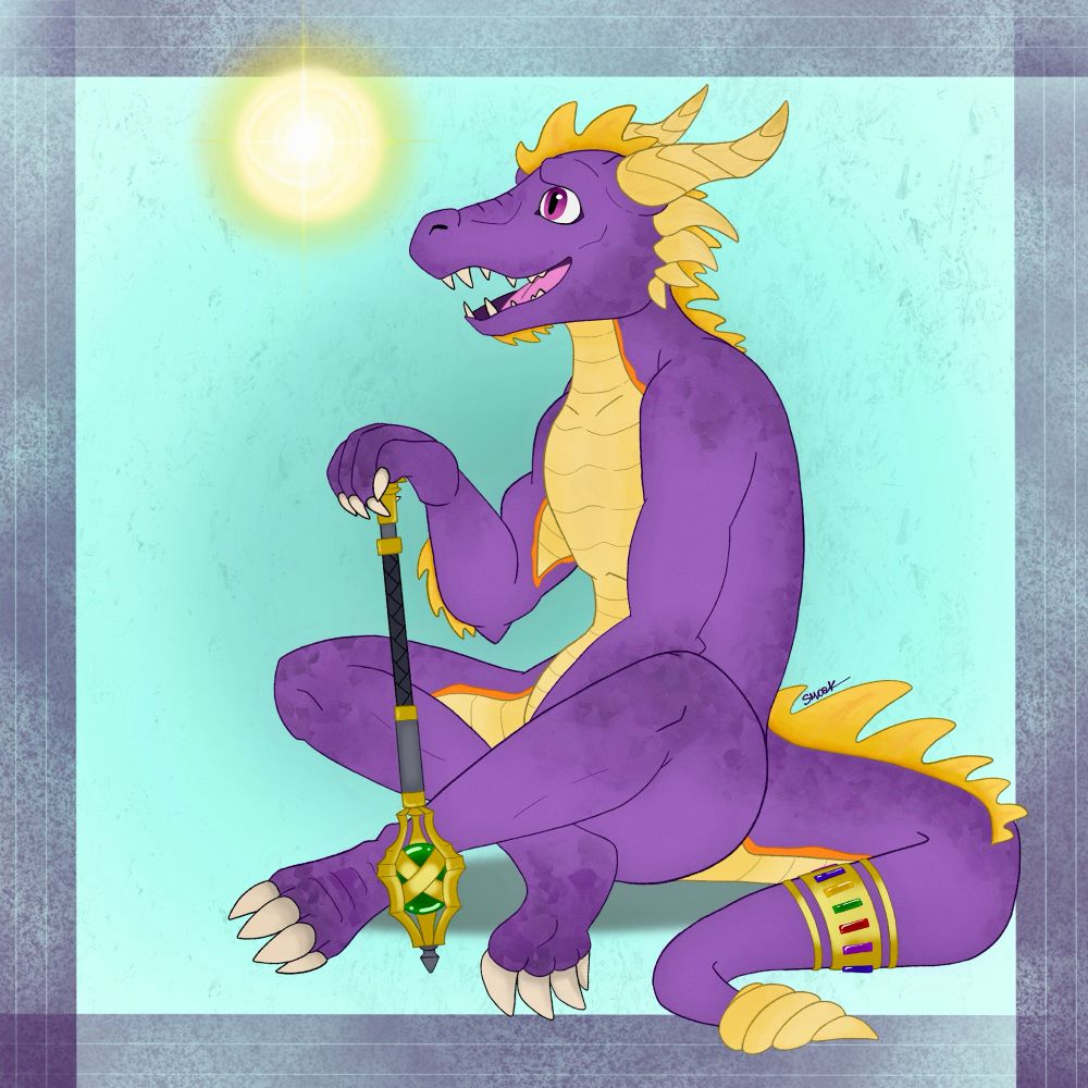 Purple Dragonborn character that looks similar to Spyro the dragon. He sits cross-legged on the ground, hand resting on top of his propped up mace. He wears a cuff on his tail encrusted with jewels the same color as the ones from Spyro’s games. Just above him floats a little golden light, the Dragonborn is looking up at it smiling, mouth open 