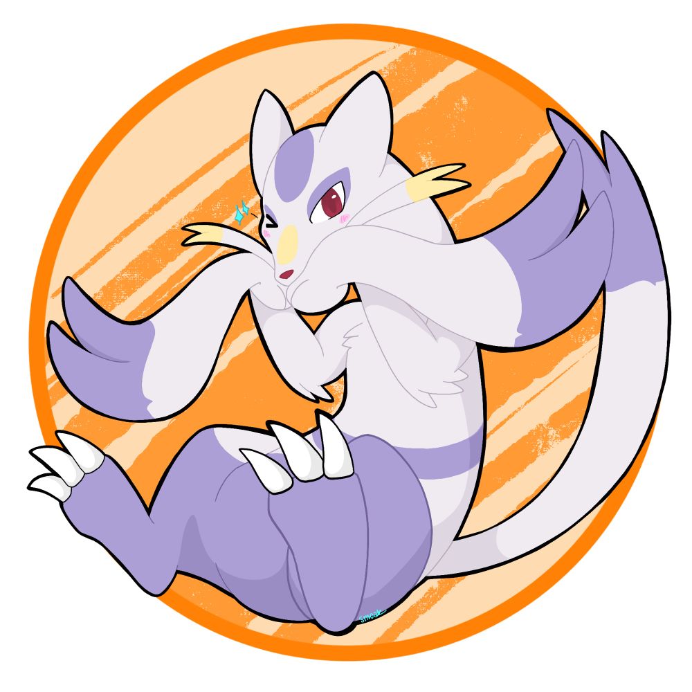 The Pokemon mienshao, an elegant purple stoat, posing with its paws held in front of its face, with long wefts of fur coming off of its wrists to give an appearance of a mustache 