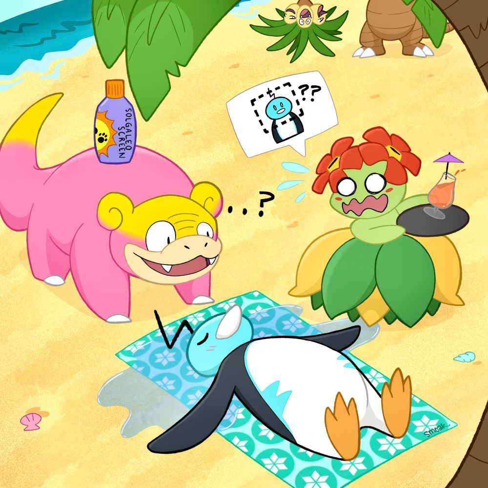 The Pokemon Eiscue lays out on a beach for a sun tan, but the Pokemon Galarian Slowpoke took too long to bring him sunscreen so his ice cube head melted! The Pokemon Bellossom is surprised by the sudden lack of ice cube head, and the Pokemon Alolan Exeggutor is just in the background looking goofy