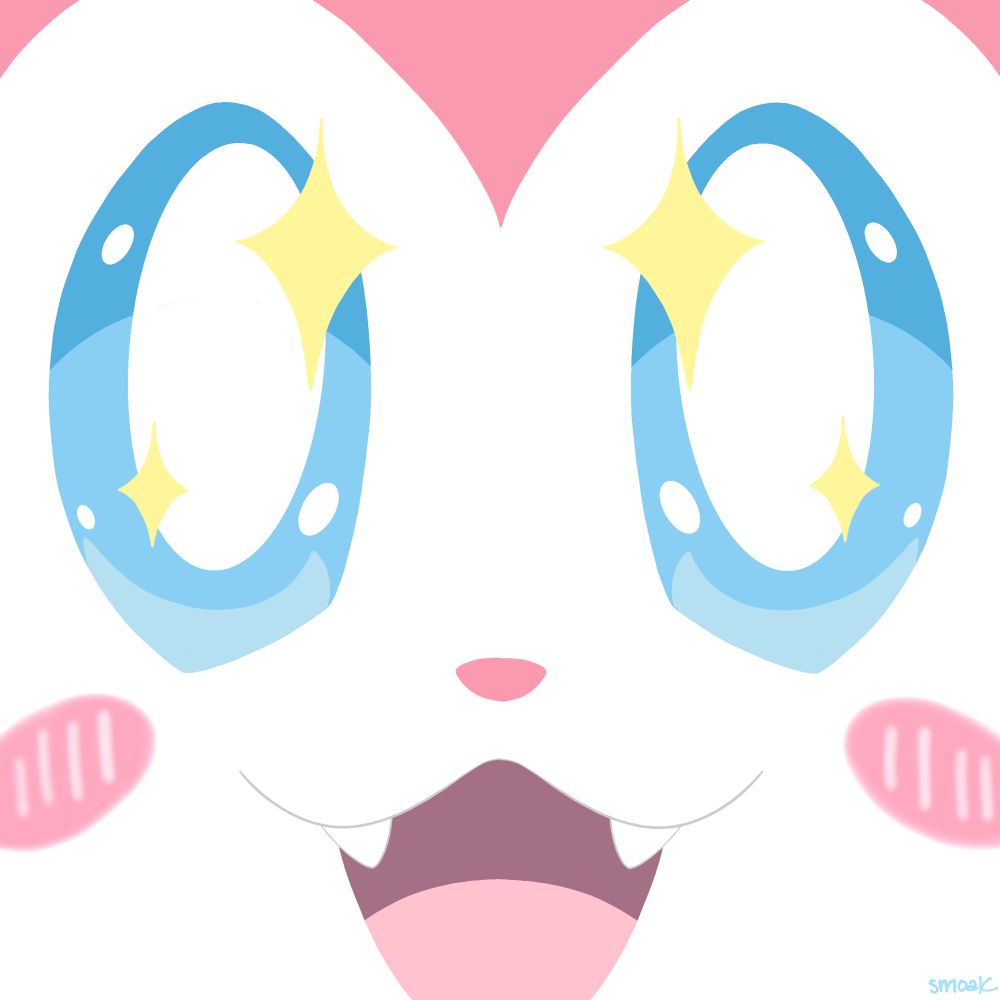 A close up of the Pokémon Sylveon’s face. The eyes are very big and sparkly, and Sylveon wears a very happy/excited expression!