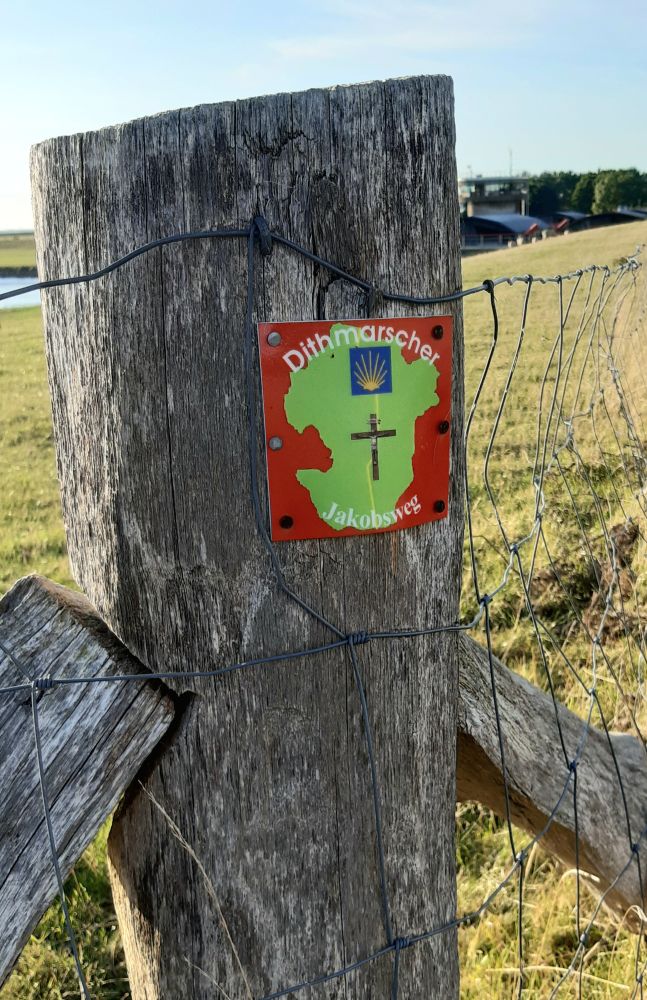 Am Holzpfosten eines Weidezauns an der Elbe ein kleines Schild:
Dithmarscher Jakobsweg.