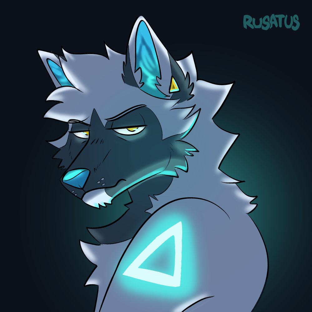 Cache the wolf looking moody af with a glowing triangle marking on his shoulder, inspired by the band Bastille