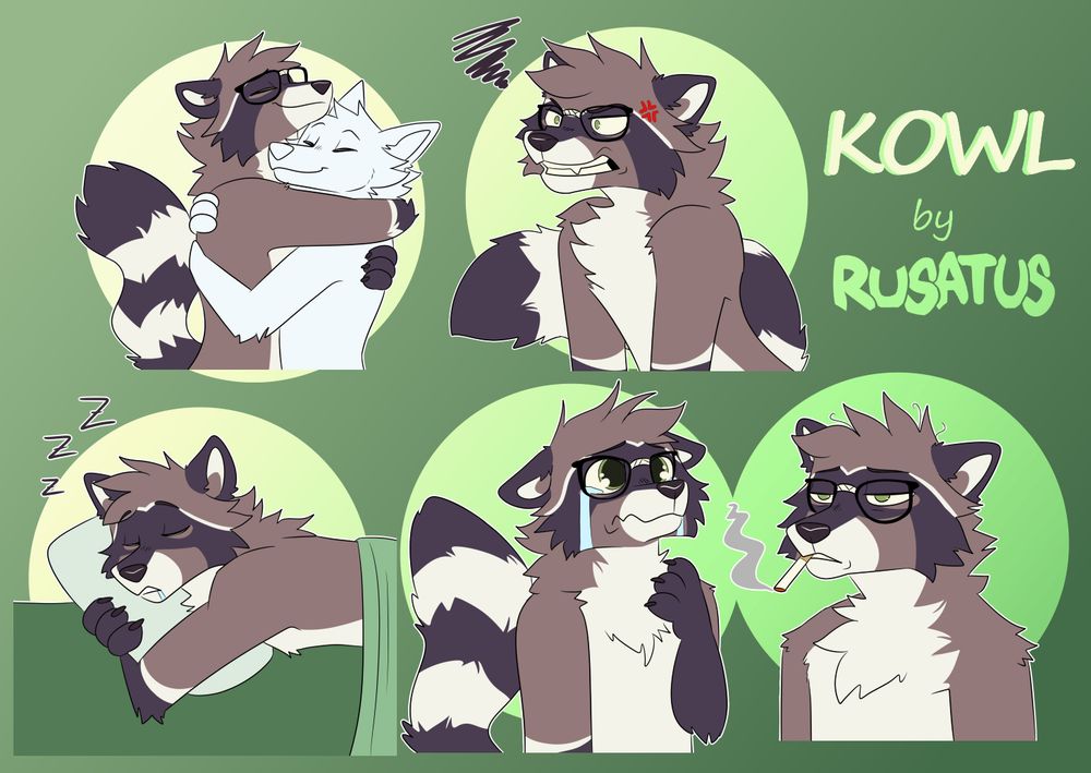 5 telegram stickers featuring Kowl the raccoon.
1) hug YCH
2) angry
3) sleeping
4) crying
5) smoking a cigarette