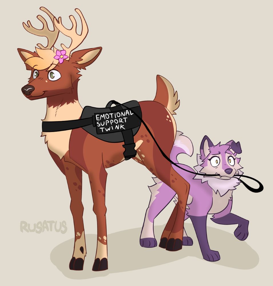 Flower, a happy deer, wearing a vest that says "Emotional Support Twink." He has a leash that is held by Honeybird the pomsky, who is nervous.