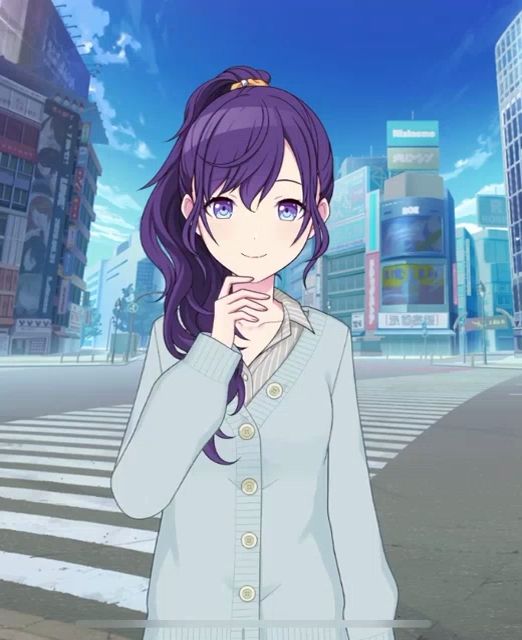 a girl with purple hair and blue eyes is standing in front of a building that says ' midtown ' on it