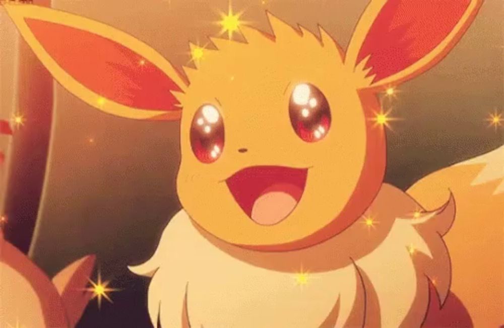 a close up of a cartoon eevee with sparkles coming out of its eyes and ears .