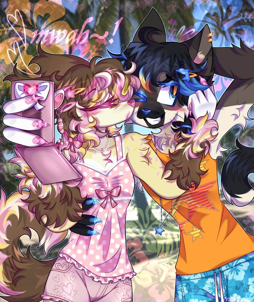 Two of azzy’s characters in a portrait piece! Angie (with his eyes closed) is taking a selfie of them both whilst kissing flustered thresher on the cheek. The character on the left is angie and he’s a soft yellow colored chinese crested dog! with brown, pink and yellow accents ! he’s wearing a pink top with a white polka dot pattern and cute light pink mezzo piano shorts with lots of hearts embroidery. She’s also wearing a pearl necklace with a heart charm. On the right is thresher, he’s a siamese cat with blue accents on his hair with a hint of yellow/orange! he’s wearing an orange tank top with hibiscus patterned shorts. He’s also wearing a chain necklace with a star charm.