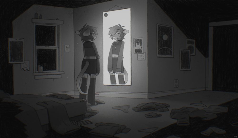 An anthro mouse stands alone in a dimly lit fragment of a room. clothes are scattered around on the floor and bed. They stand, pensively, nervously in front of a mirror, the only source of light in the room. staring back at them in the light of the mirror is herself, smiling. 
