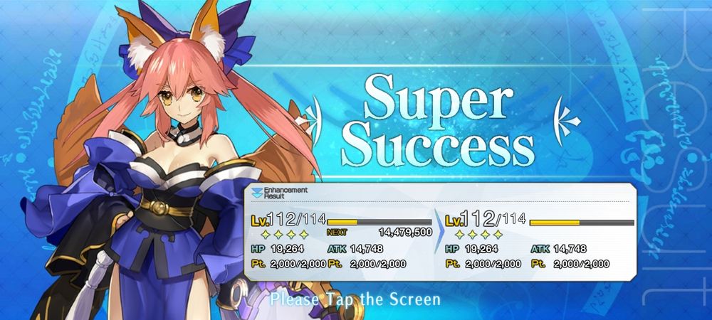 The fgo character level up screen for Tamamo No Mae over a blue background showing a "super success" level up message