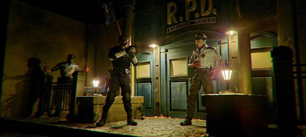A wide shot of a handmade diorama of the entrance to the Raccoon Police department featuring Leon and a couple of zombie cops. 