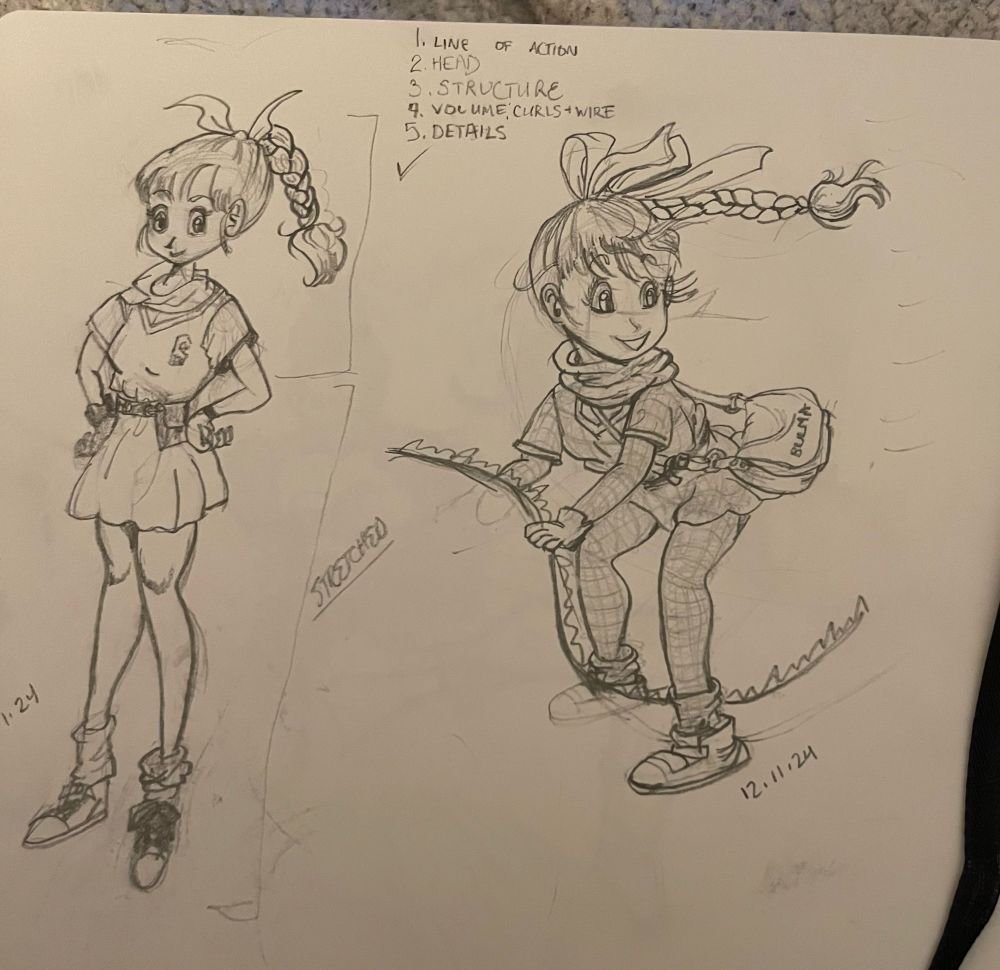 Photo of a sketchbook depicts two drawings of younger Bulma from Toriyama’s Dragon Ball series. Artist considers the quality bad to mid