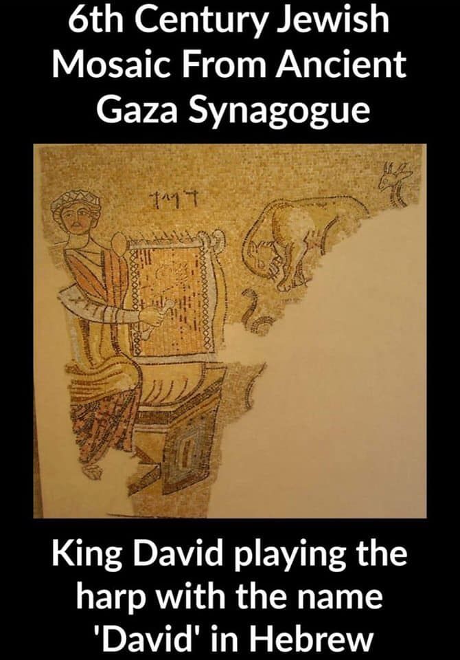 6th Century Jewish Mosaic From Ancient Gaza Synagogue

King David playing the harp with the name 'David' in Hebrew