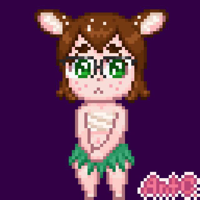 Pixel art of a cute shy deer boy wearing glasses, chest bindings, and a grass skirt.