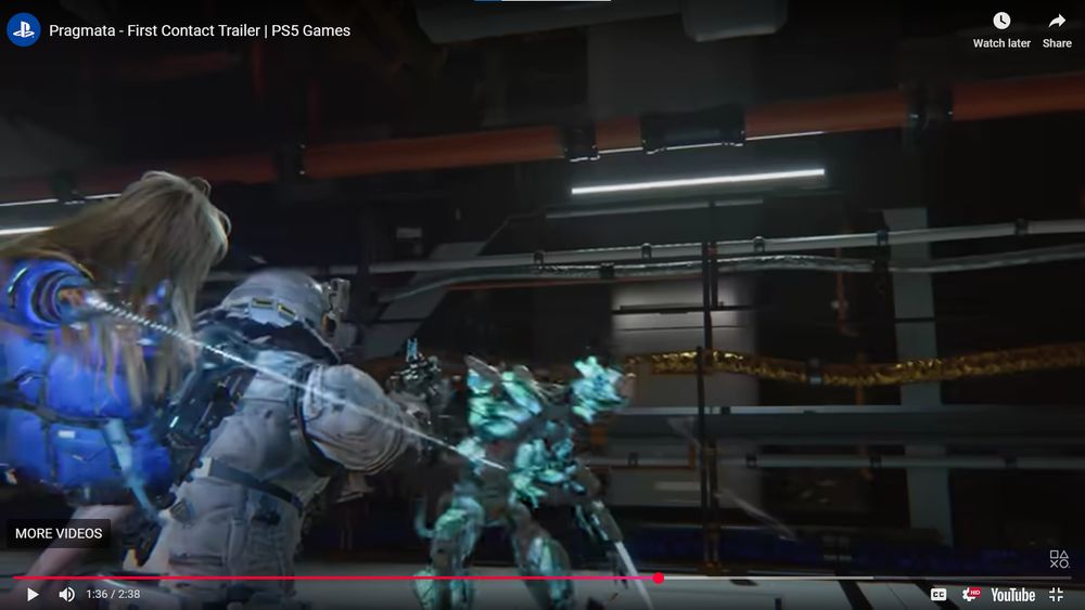 A big fella in power armor fires a beefy pistol at a glowing cyber-zombie as a small girl rides piggyback and prepares to fire a beam attack at the zombie