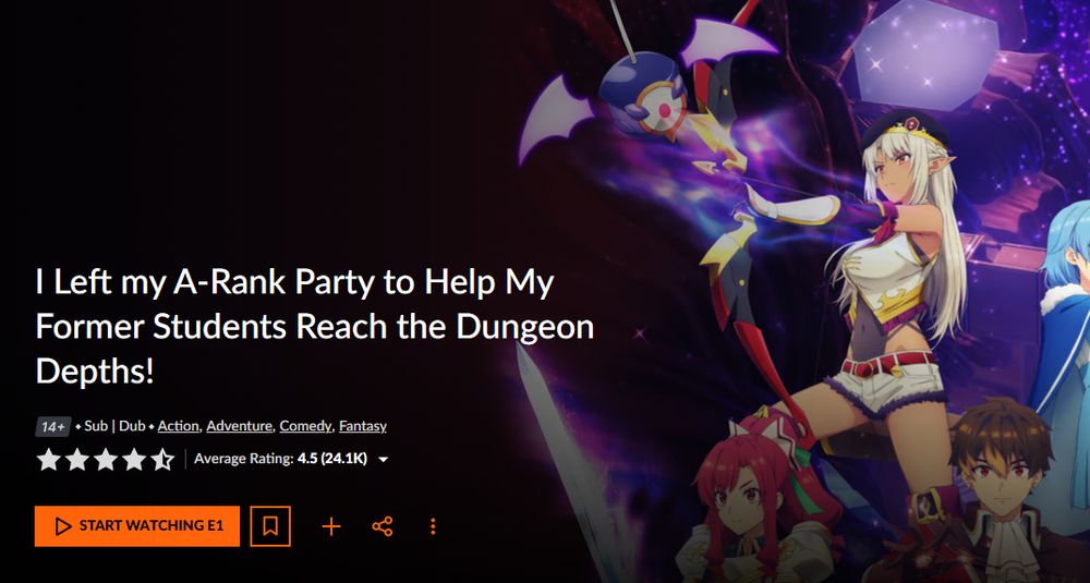 crunchy roll page for an anime titled "I Left my A-Rank Party to Help My Former Students Reach the Dungeon Depths!"