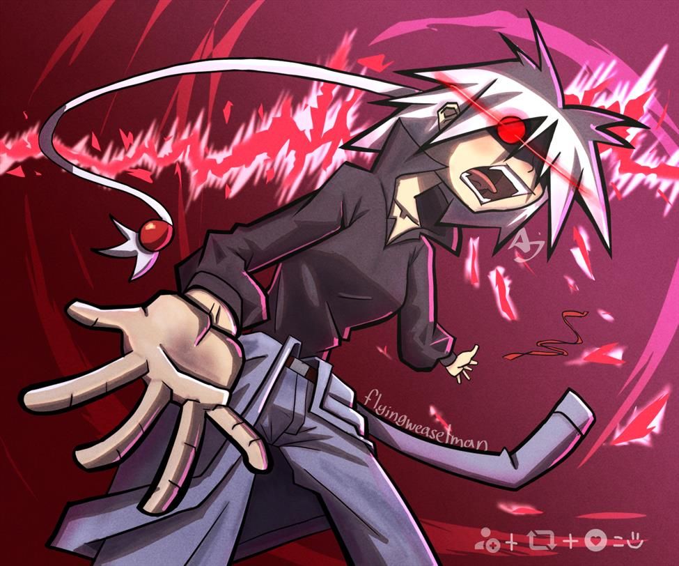 Arryn is angy. She is going berserk in some sort of anime styled power up. The background is abstract with sharp shapes.