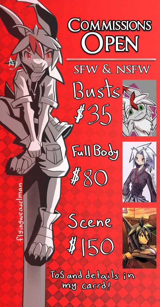 Commissions are open. Commission sheet of flyingweaselman with his fursona, Strathmore, sitting dramatically on a telephone pole thing. Prices start from $35 for busts, $80 for full body, and $150 for scenes of your characters.