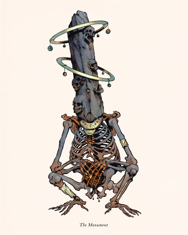 A strange, gargantuan skeletal figure squats on the ground, its bejeweled hands clasped together. Where its head should be is an obelisk of stone with skulls protruding from the surface. This obelisk is adorned by two rings, from which facsimiles of heavenly bodies dangle. 
