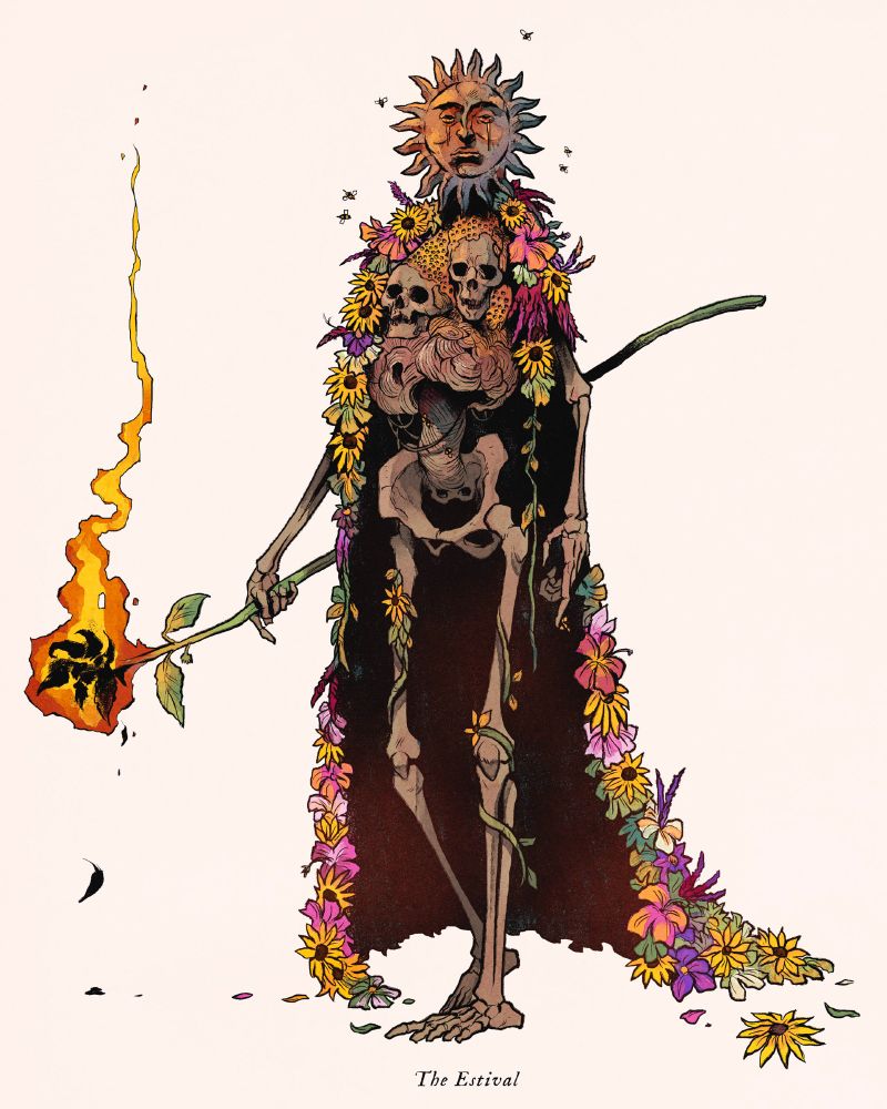 The skeletal Lord of the Summer walks with its floral cape in tow, wearing the visage of the Sun. In its right hand, it wields a giant flaming sunflower.