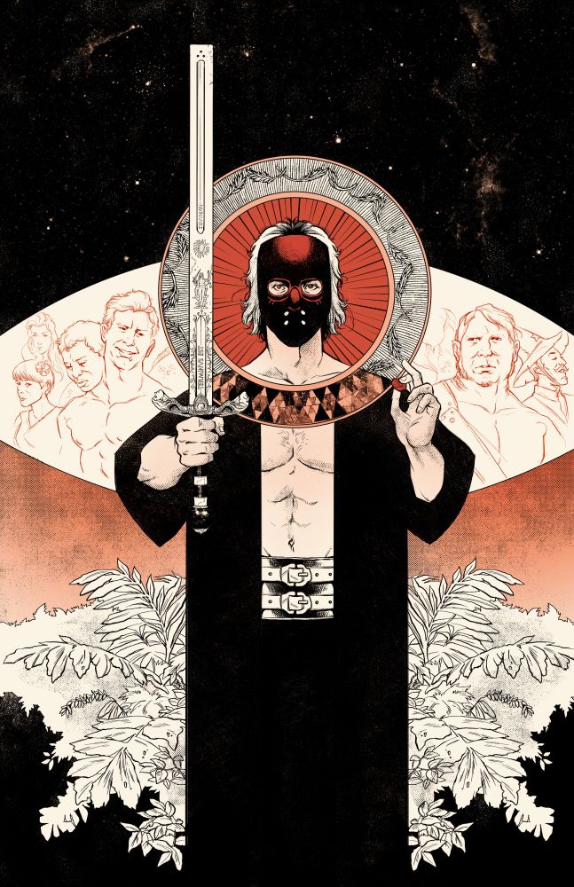 A poster design based on Gene Wolfe's classic Sci-Fi novel, The Book of the New Sun. A figure in a mask is wielding an executioner's sword in one hand and a gem in the other-- his head is crowned by a halo representing the sun. Jungle plants are behind him, as are other characters from the story. 