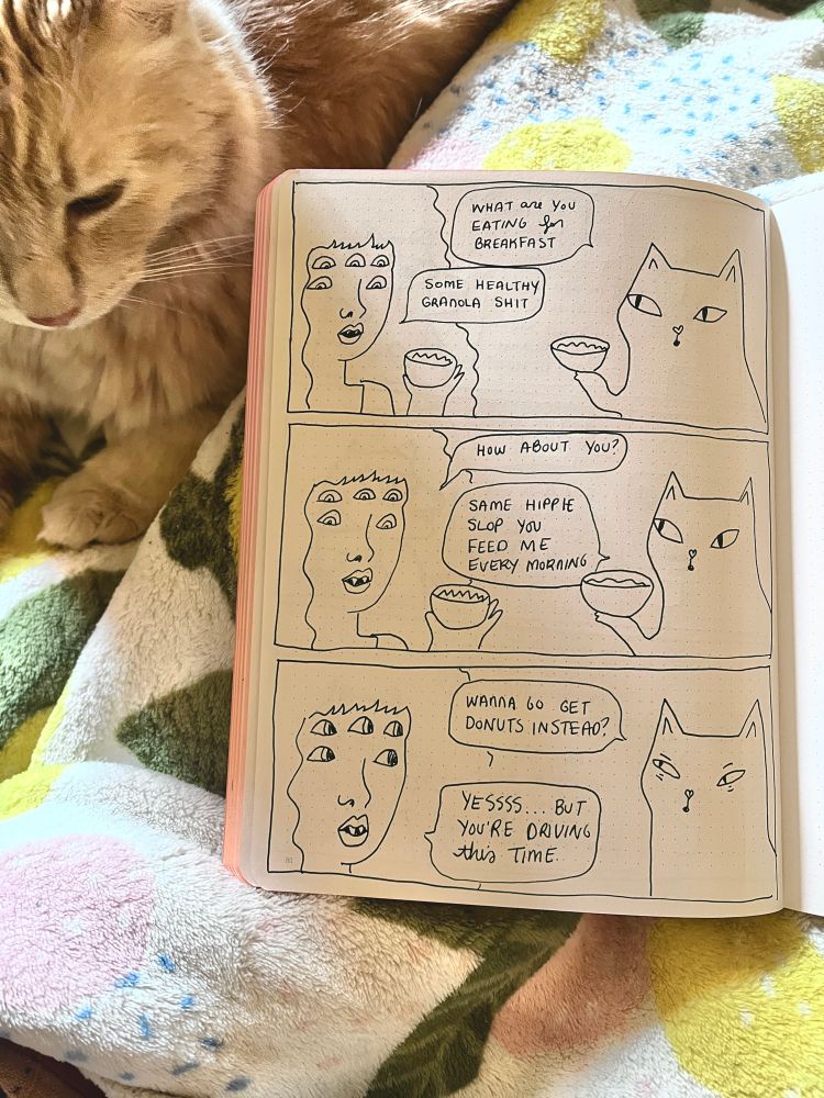 Fifi supervising the drawing of this morning’s 3 panel comic featuring a 5 eyed woman and a cat

Panel 1

Cat: What are you eating for breakfast

Lady: some healthy granola shit

Panel 2

Lady: how about you?

Cat: same hippie slop you feed me every morning

Panel 3

Cat: wanna go get donuts instead?

Lady: yessssssss…but you’re driving this time