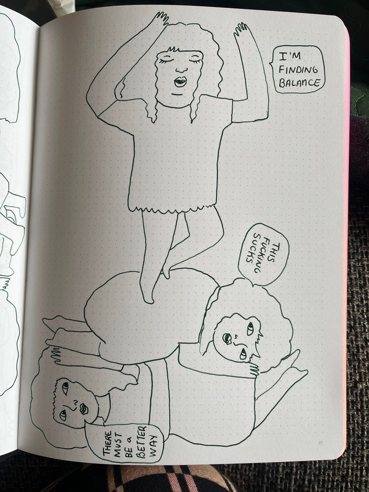 One panel sketchbook comic featuring a woman standing on one leg on to of two other woman

Standing woman: in finding balance

Second woman: this fucking sucks

Third woman: there must be a better way
