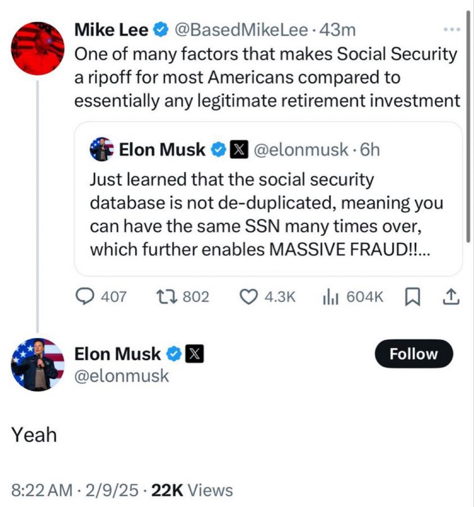Tweet of Musk replying “yeah” to Sen. Mike Lee characterizing Social Security as a “ripoff” compared to “legitimate retirement investments”