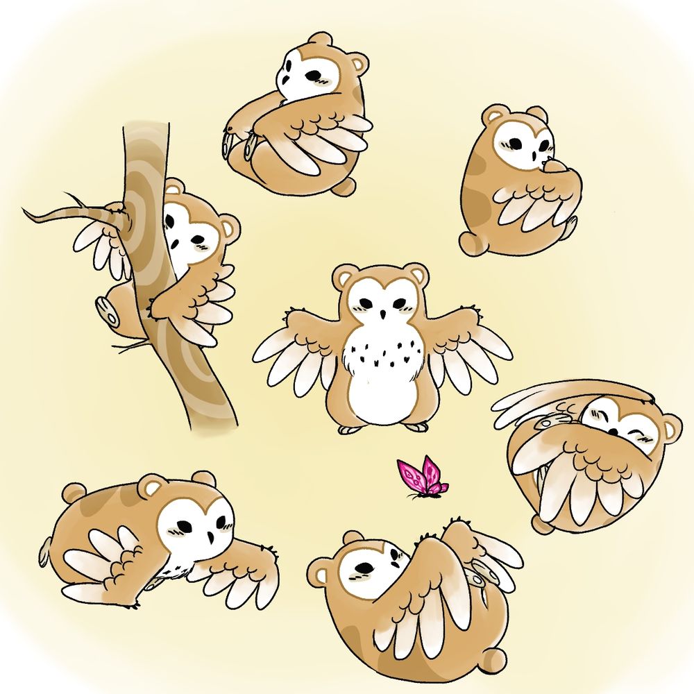 The owlbear (a small animal with rounded ears, little wings, a stubby tail, golden fur, and the face of a barn owl) in 7 poses (climbing a tree, rocking back & forth, sitting, aura farming, walking on all fours, playing with a butterfly, and sleeping)