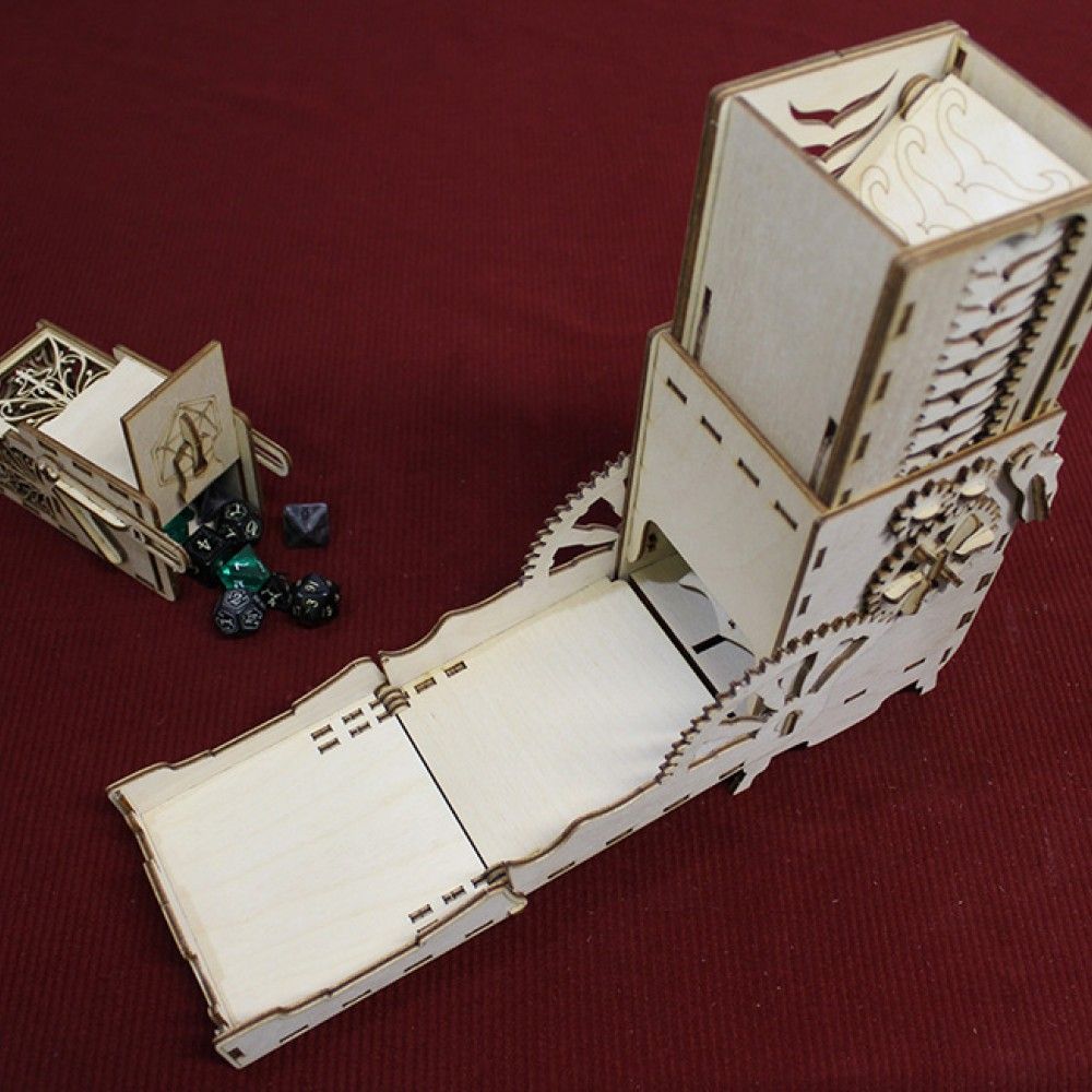 A geared tower and attached tray to roll dice. Comes with dice storage and jail and collapses into itself.