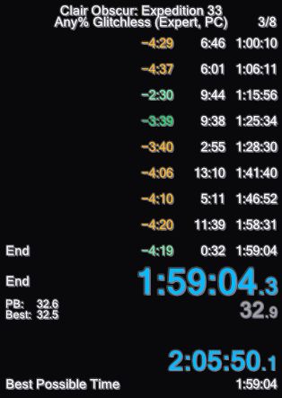 Speedrun splits of Clair Obscur: Expedition 33 Any% Glitchless (Expert, PC) that finished in 1:59:04 without loads, 2:05:50 real time