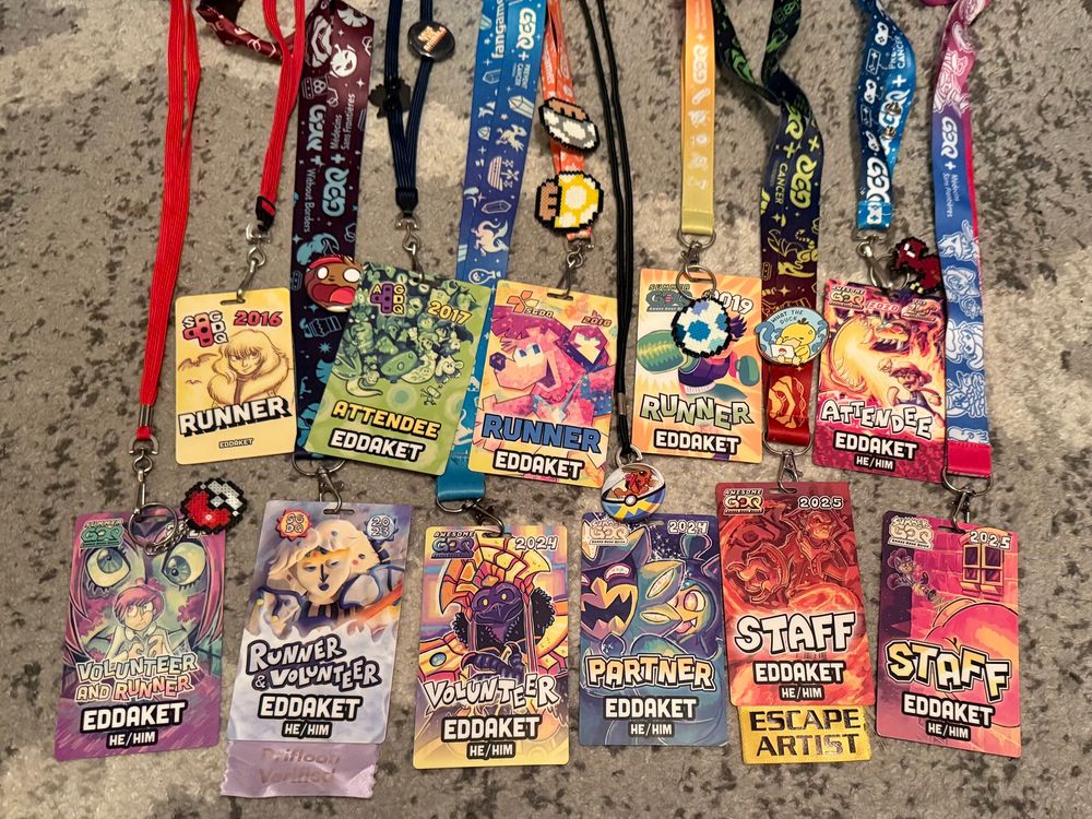 11 Games Done Quick badges. SGDQ16, AGDQ17, SGDQ18, SGDQ19, AGDQ20, SGDQ22, SGDQ23, AGDQ24, SGDQ24, AGDQ25, and SGDQ25
