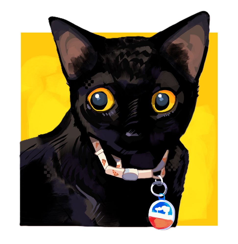 A portrait painting done in MS Paint with a mouse of a black cat. It stands against a yellow square background, its wide-eyed pupils looking off to the side in surprise. It is wearing a collar with a tiny pizza pattern on it and has a large tag attached on a chain of loop carabiners. 