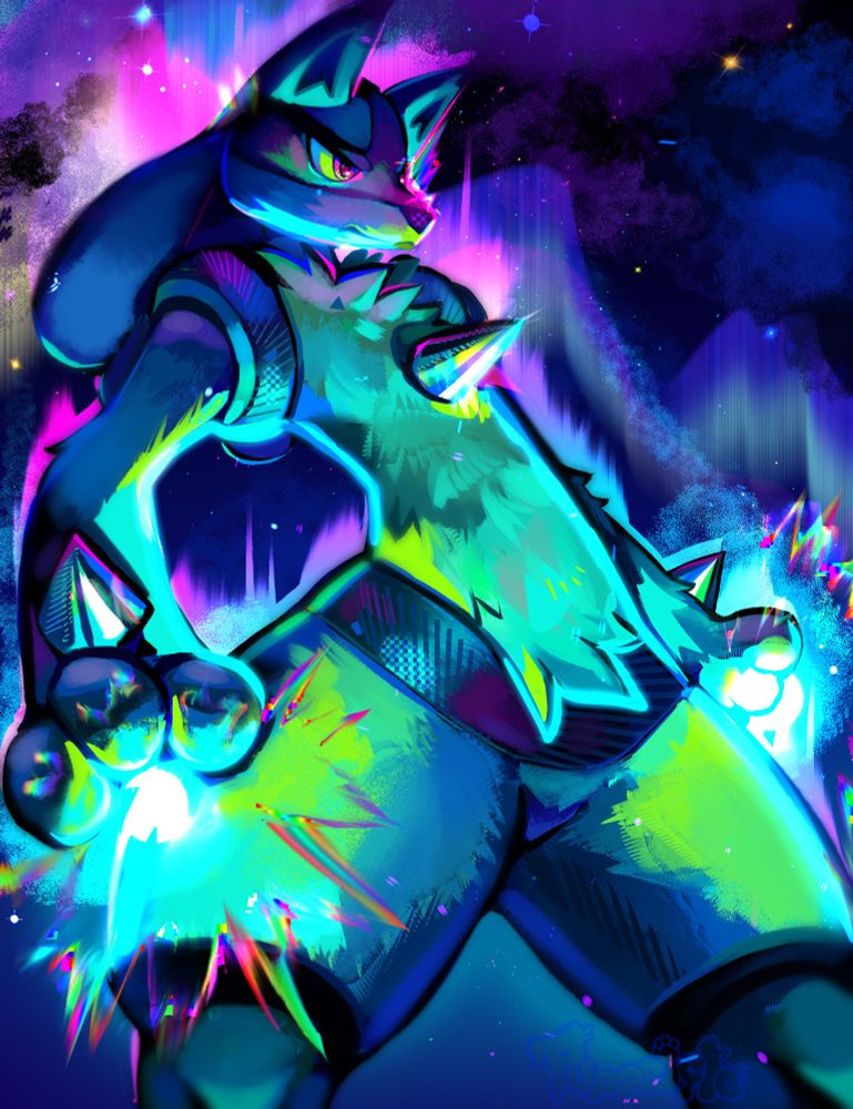 A very vibrant and neon green-blue lucario looms in a battle stance from a bottom-up perspective, with both palms preparing a rainbow and blue Aura Sphere attack. The background is a starry sky with nebulas of purple, pink, and blue.