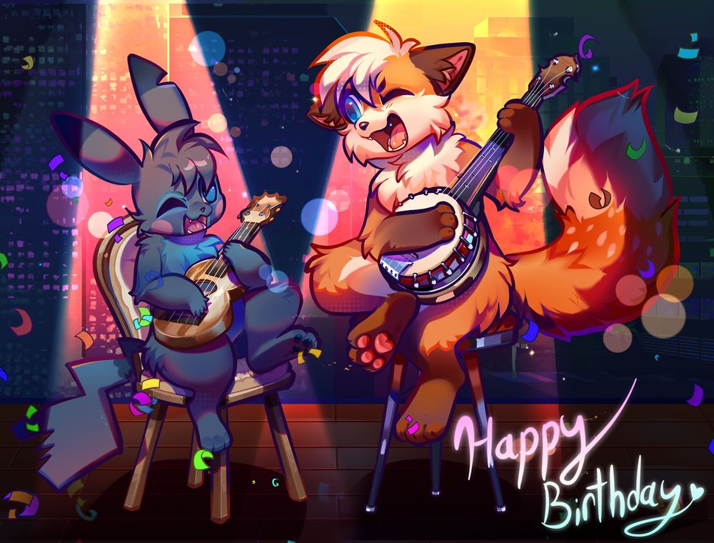 A digital illustration of two characters, a Stitch-inspired Pikachu and an orange fox with a cream-colored face and chest, each sitting on chairs with one leg crossed as they play on their respective instruments. The Pikachu plays a ukulele while the fox plays on a banjo. Yellow-pink floodlights illuminate them from above, casting warm red shadows across their fur. They’re looking at each other happily with one of their eyes closed in a friendly wink. Confetti and bokeh lights surround them, and there is a note in the corner saying “Happy Birthday”