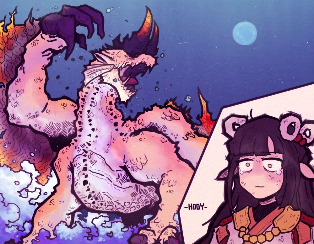 Minoto looking at a lvl 240 Risen Shagaru Magala, the Elder Dragon has entered the Risen State and his horns are glowing a bright red.

Minoto looks like she's about to cry.