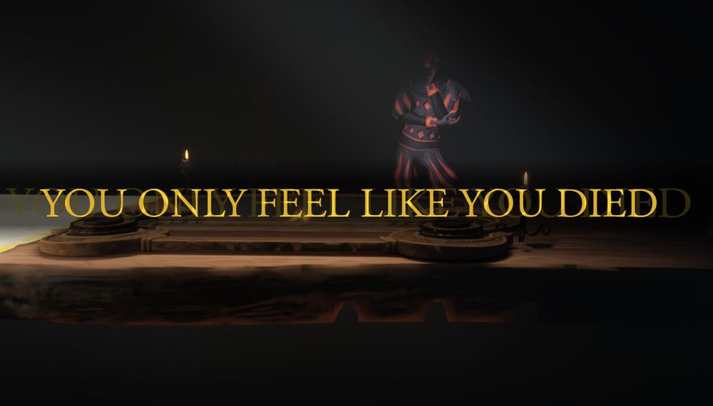 A WIP screenshot from The Killing Stone. A devilish figure stands behind a game board. Fromsoft style meme text over the image says “You only feel like you died”
