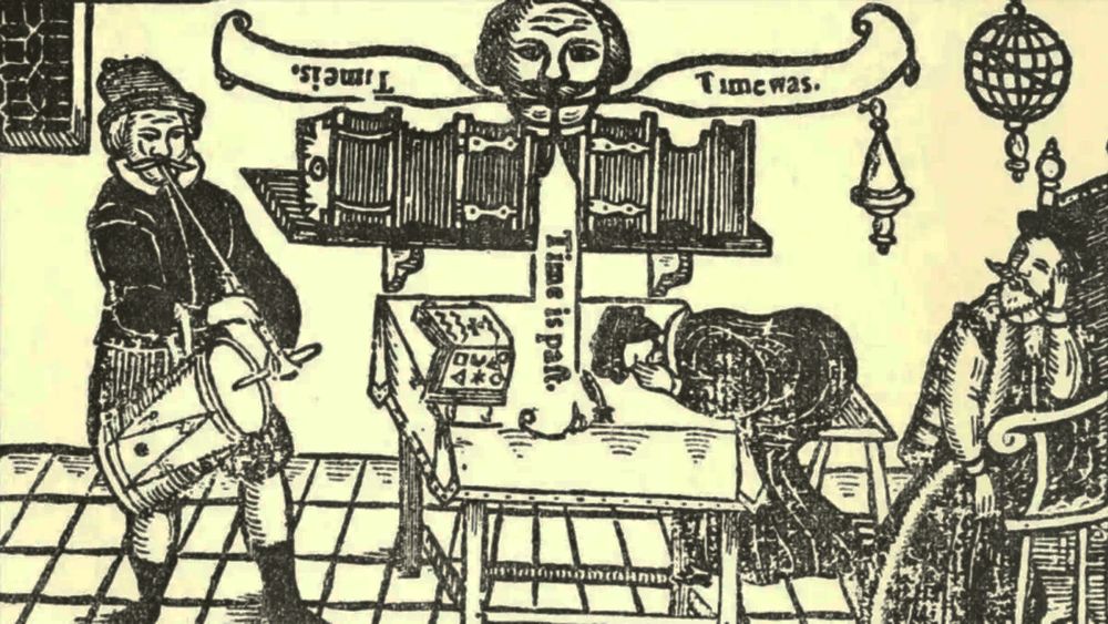 A woodblock illustration from Friar Bacon and Friar Bungay, 1589. The Brazen Head says "Time is, time was, time is past" as the passed-out friars snore.
