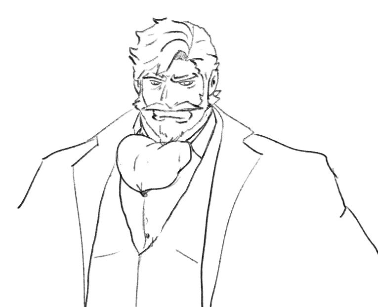 A rough sketch drawing of a bearded man wearing a three piece suit, with an unusually large ascot around his neck.